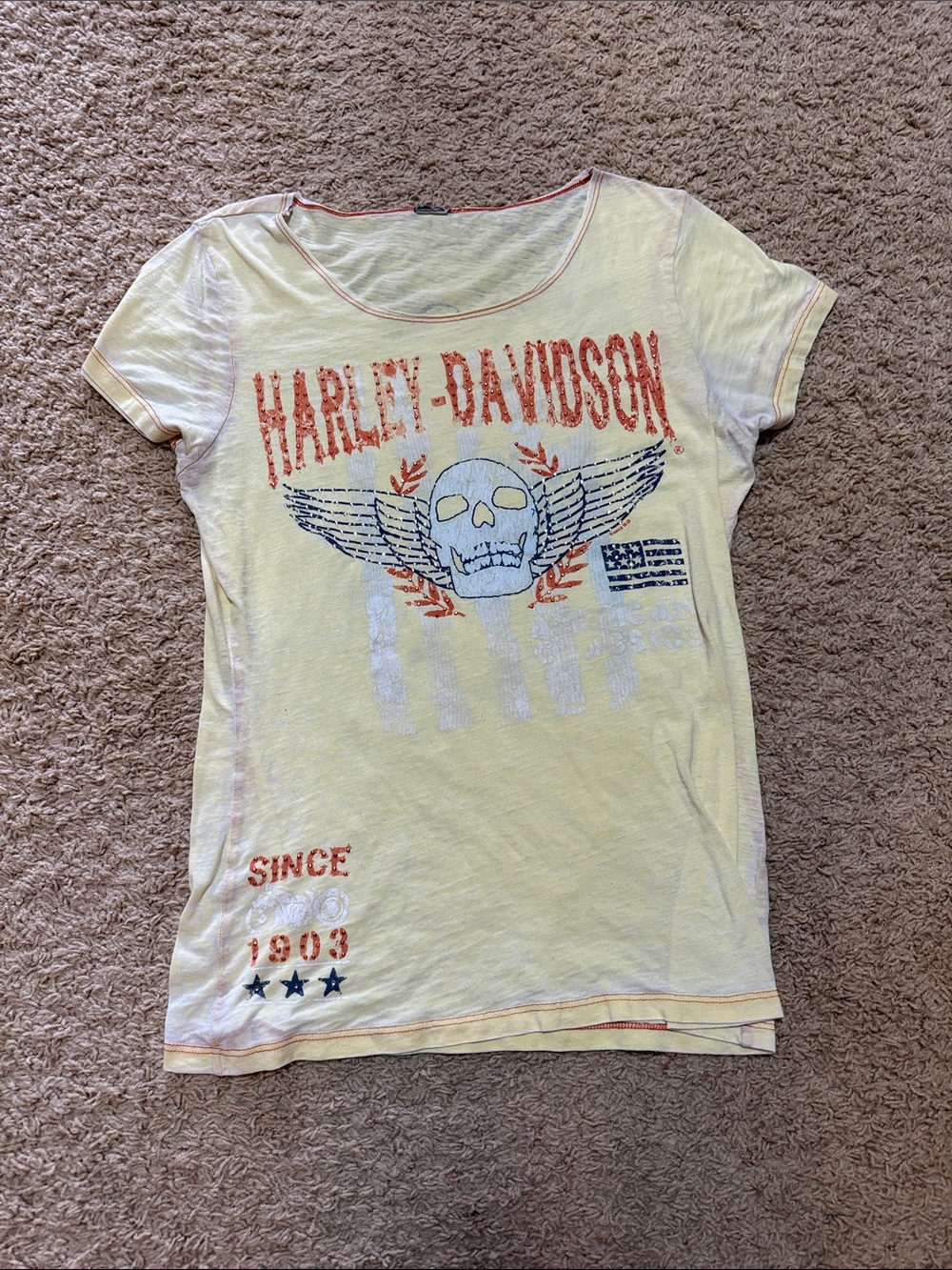 Harley-Davidson Yellow Tee with Orange and Blue Graphic